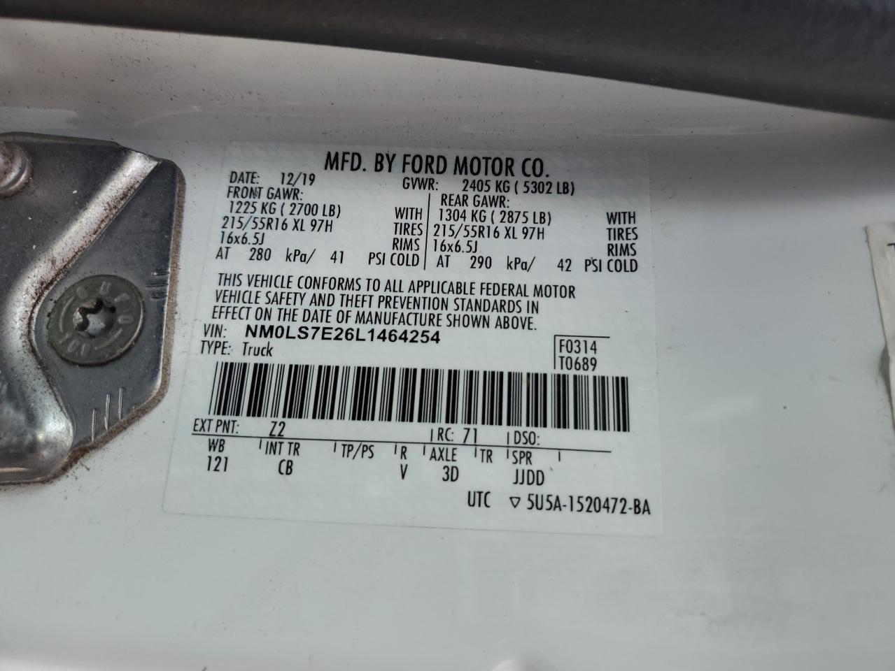 2020 Ford Transit Connect Xl VIN: NM0LS7E26L1464254 Lot: 81665965
