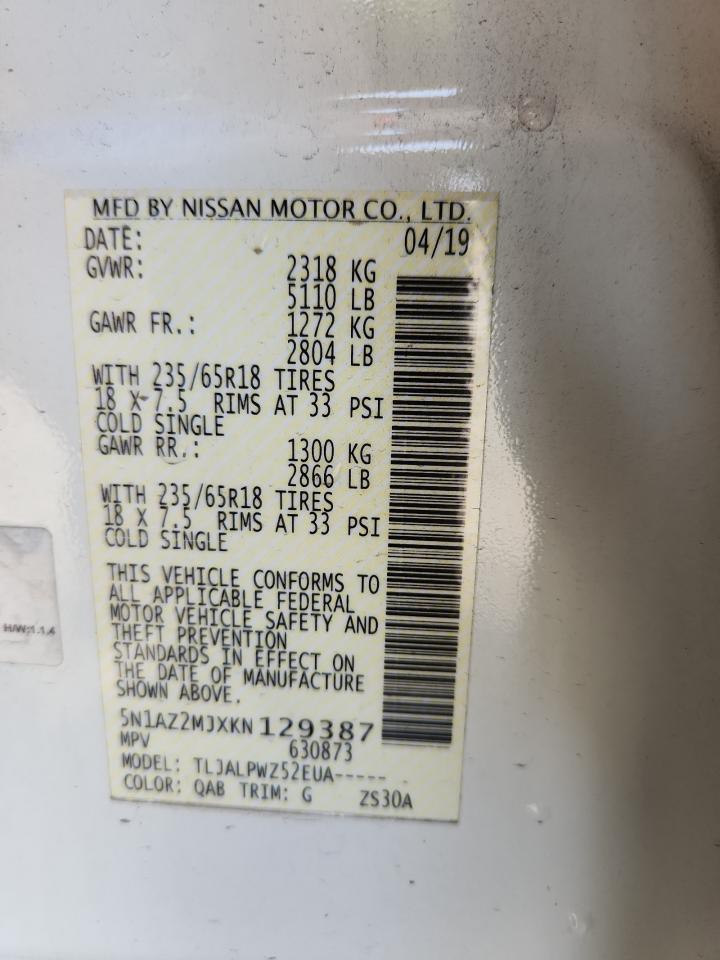 2019 Nissan Murano S VIN: 5N1AZ2MJXKN129387 Lot: 81436805