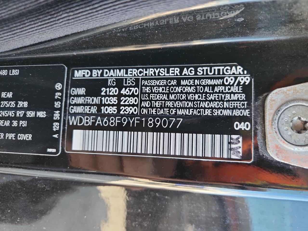 2000 Mercedes-Benz Sl 500 VIN: WDBFA68F9YF189077 Lot: 81787735