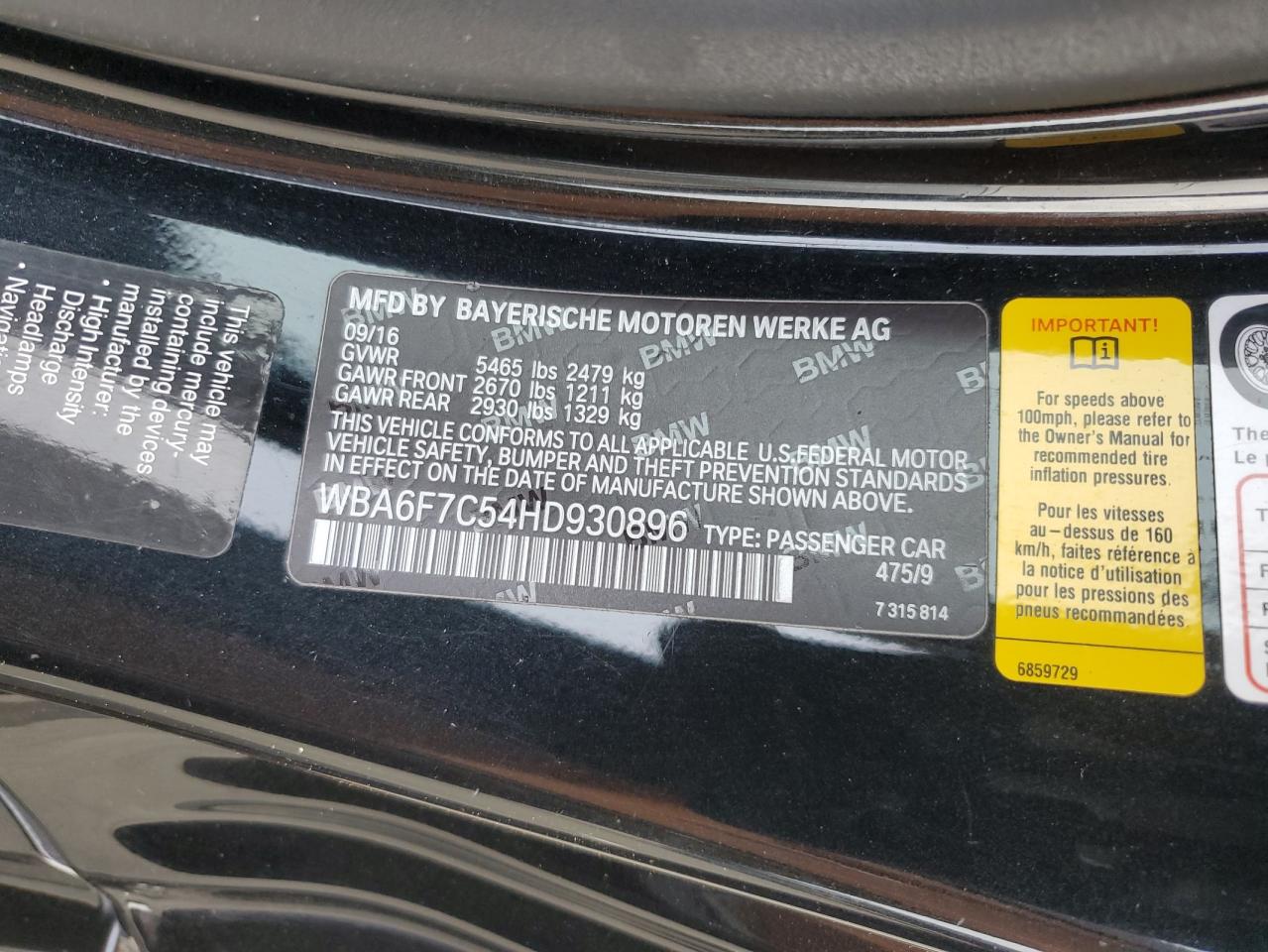 2017 BMW 650 Xi VIN: WBA6F7C54HD930896 Lot: 84171645