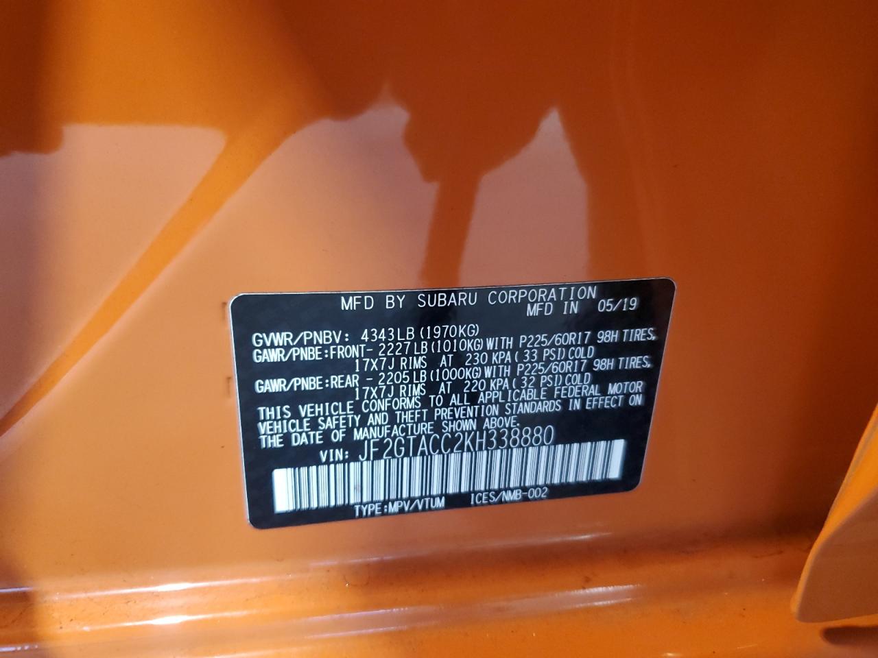 2019 Subaru Crosstrek Premium VIN: JF2GTACC2KH338880 Lot: 80095355