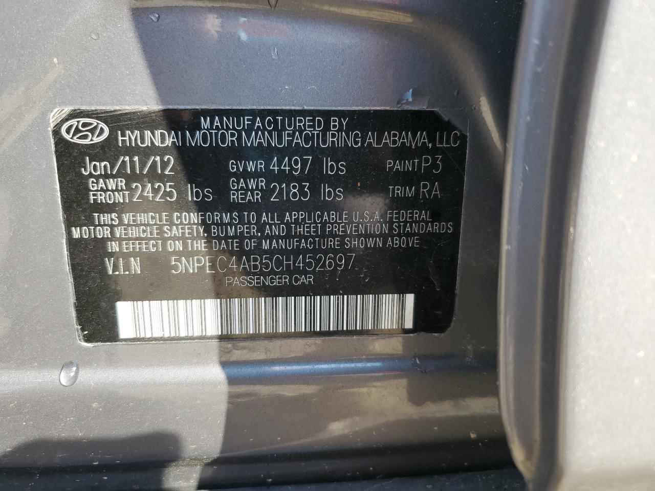 2012 Hyundai Sonata Se VIN: 5NPEC4AB5CH452697 Lot: 81179065