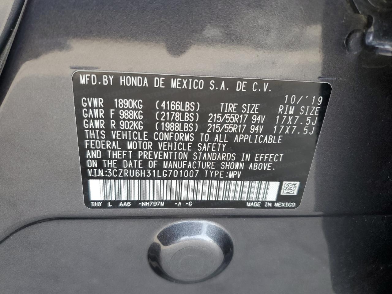 2020 Honda Hr-V Lx VIN: 3CZRU6H31LG701007 Lot: 81442765