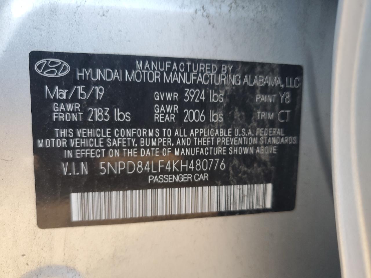 2019 Hyundai Elantra Sel VIN: 5NPD84LF4KH480776 Lot: 81045635