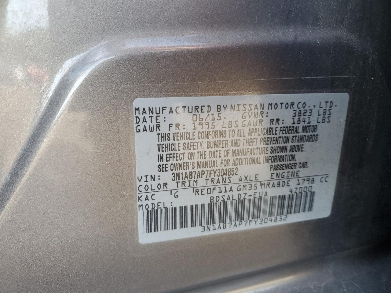 2015 Nissan Sentra S VIN: 3N1AB7AP7FY304852 Lot: 81262365