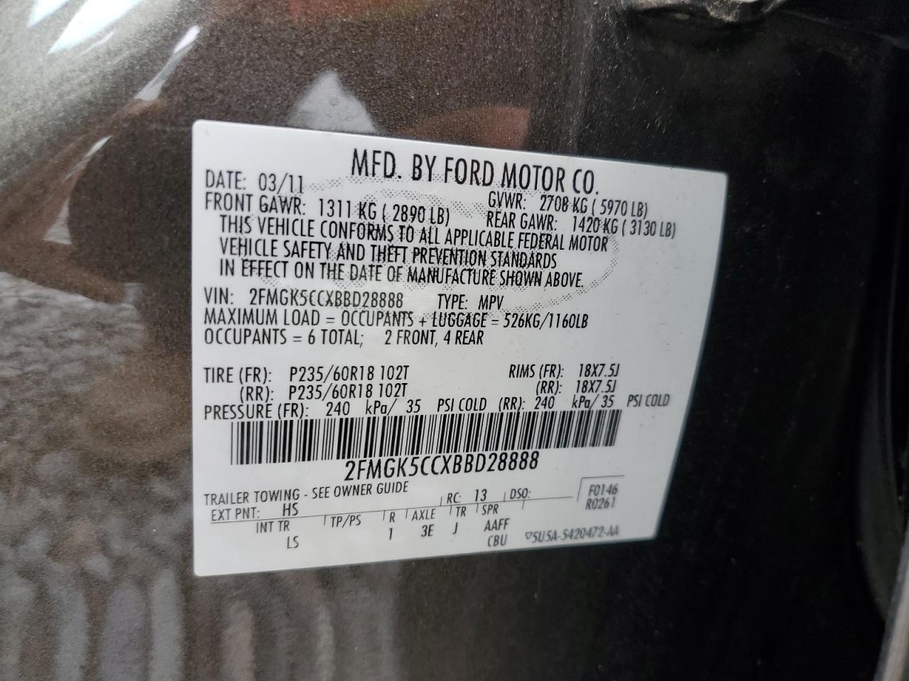 2011 Ford Flex Sel VIN: 2FMGK5CCXBBD28888 Lot: 81110415