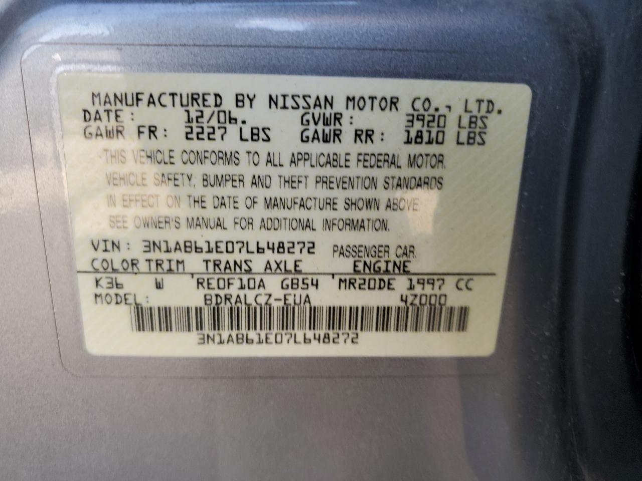 2007 Nissan Sentra 2.0 VIN: 3N1AB61E07L648272 Lot: 70961865