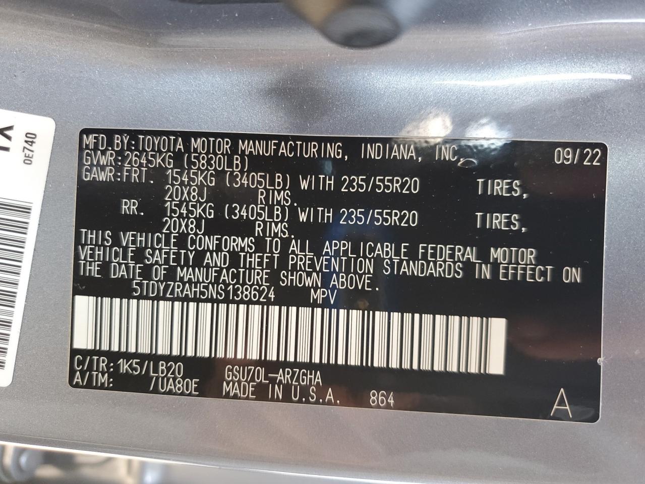 2022 Toyota Highlander Limited VIN: 5TDYZRAH5NS138624 Lot: 80443275