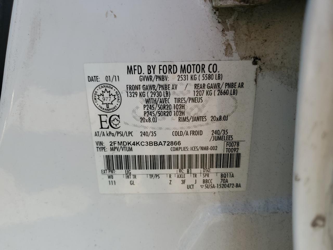 2011 Ford Edge Limited VIN: 2FMDK4KC3BBA72866 Lot: 70862275