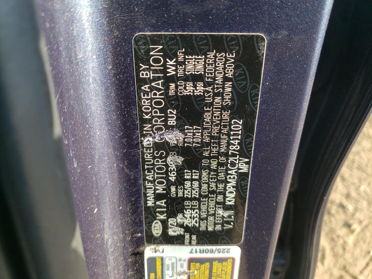 2020 Kia Sportage Lx VIN: KNDPM3AC2L7841102 Lot: 80119545