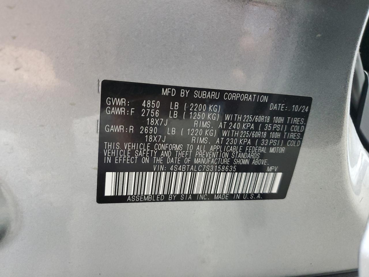 2025 Subaru Outback Onyx Edition VIN: 4S4BTALC7S3158635 Lot: 80190775