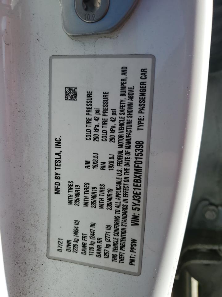 2021 Tesla Model 3 VIN: 5YJ3E1EBXMF015398 Lot: 81688865