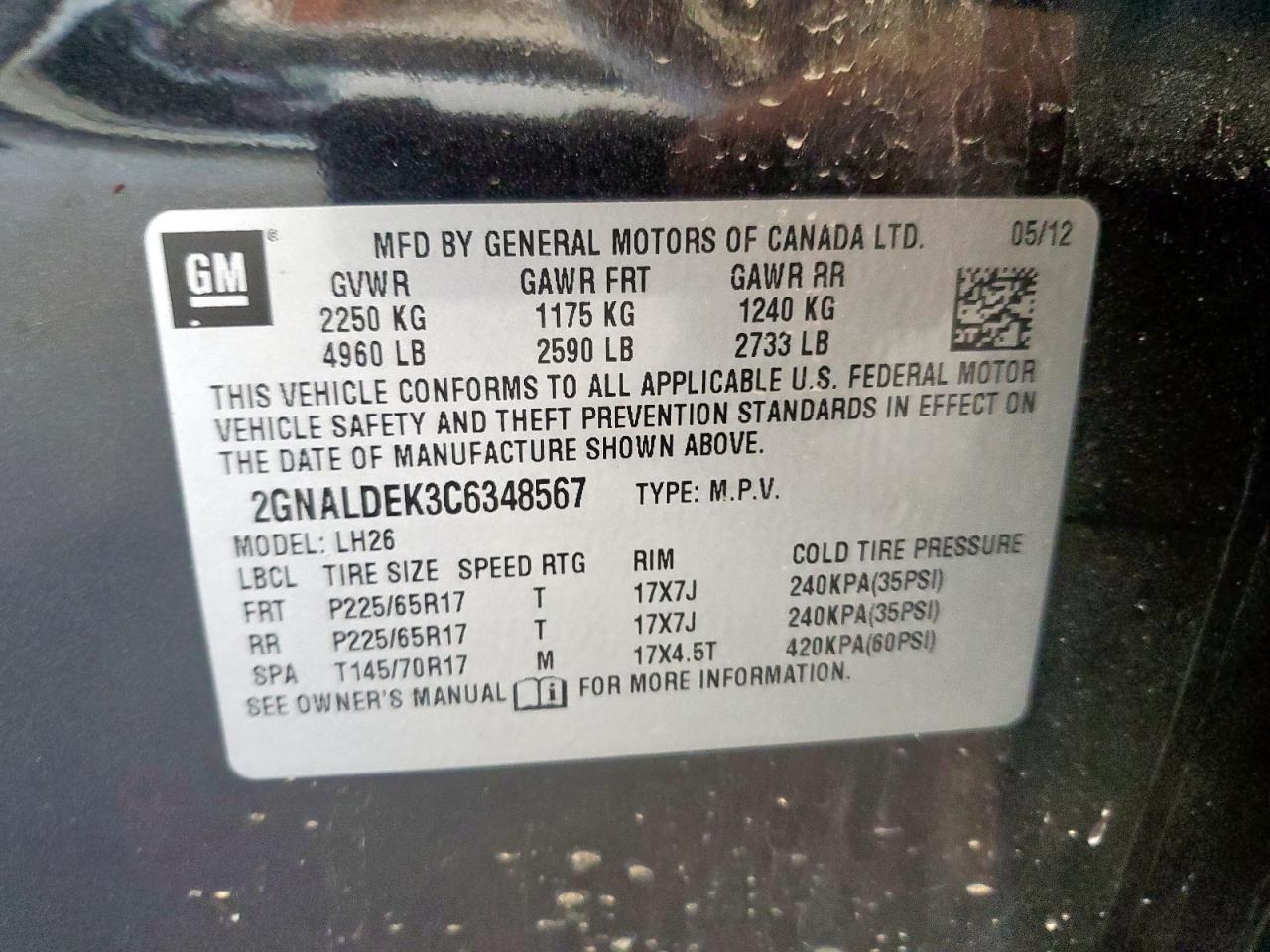 2012 Chevrolet Equinox Lt VIN: 2GNALDEK3C6348567 Lot: 80317665