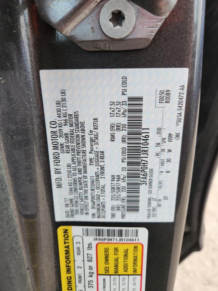 2018 Ford Fusion Se VIN: 3FA6P0H71JR104611 Lot: 82157285