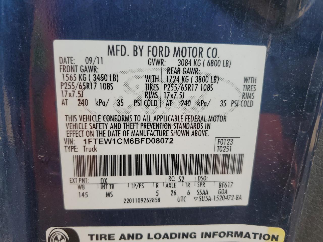 2011 Ford F150 Supercrew VIN: 1FTEW1CM6BFD08072 Lot: 81715505