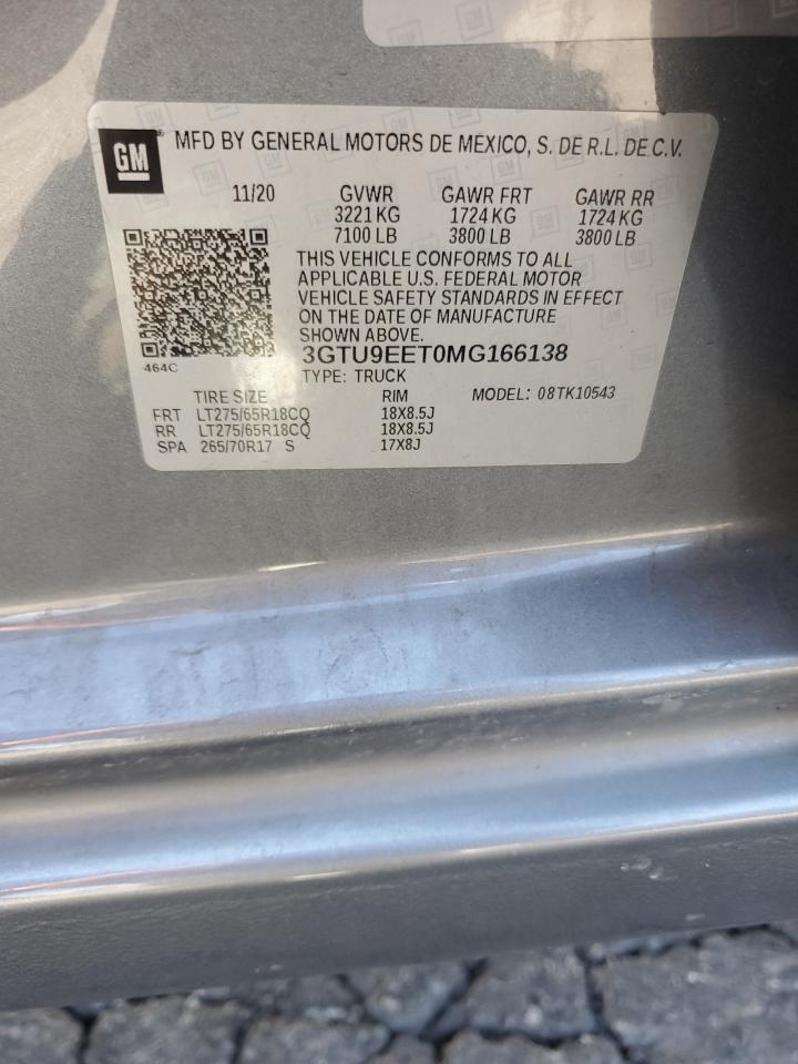 2021 GMC Sierra K1500 At4 VIN: 3GTU9EET0MG166138 Lot: 80712405