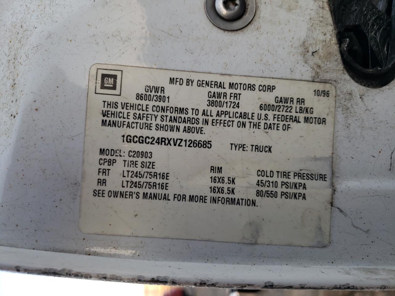 1997 Chevrolet Gmt-400 C2500 VIN: 1GCGC24RXVZ126685 Lot: 71973025