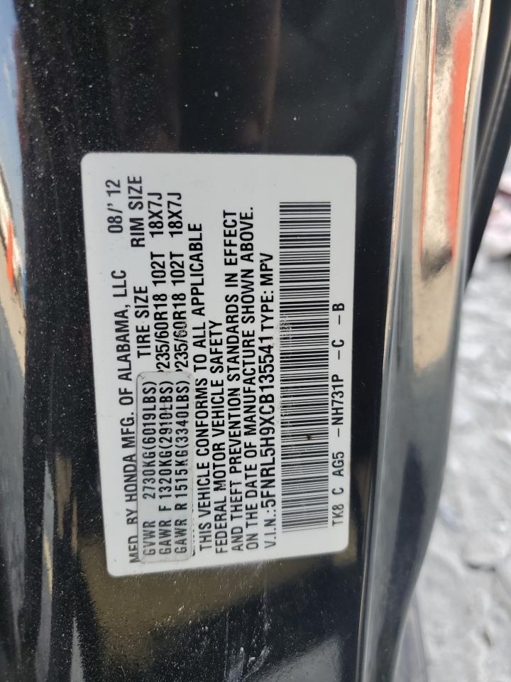 2012 Honda Odyssey Touring VIN: 5FNRL5H9XCB135541 Lot: 81485645