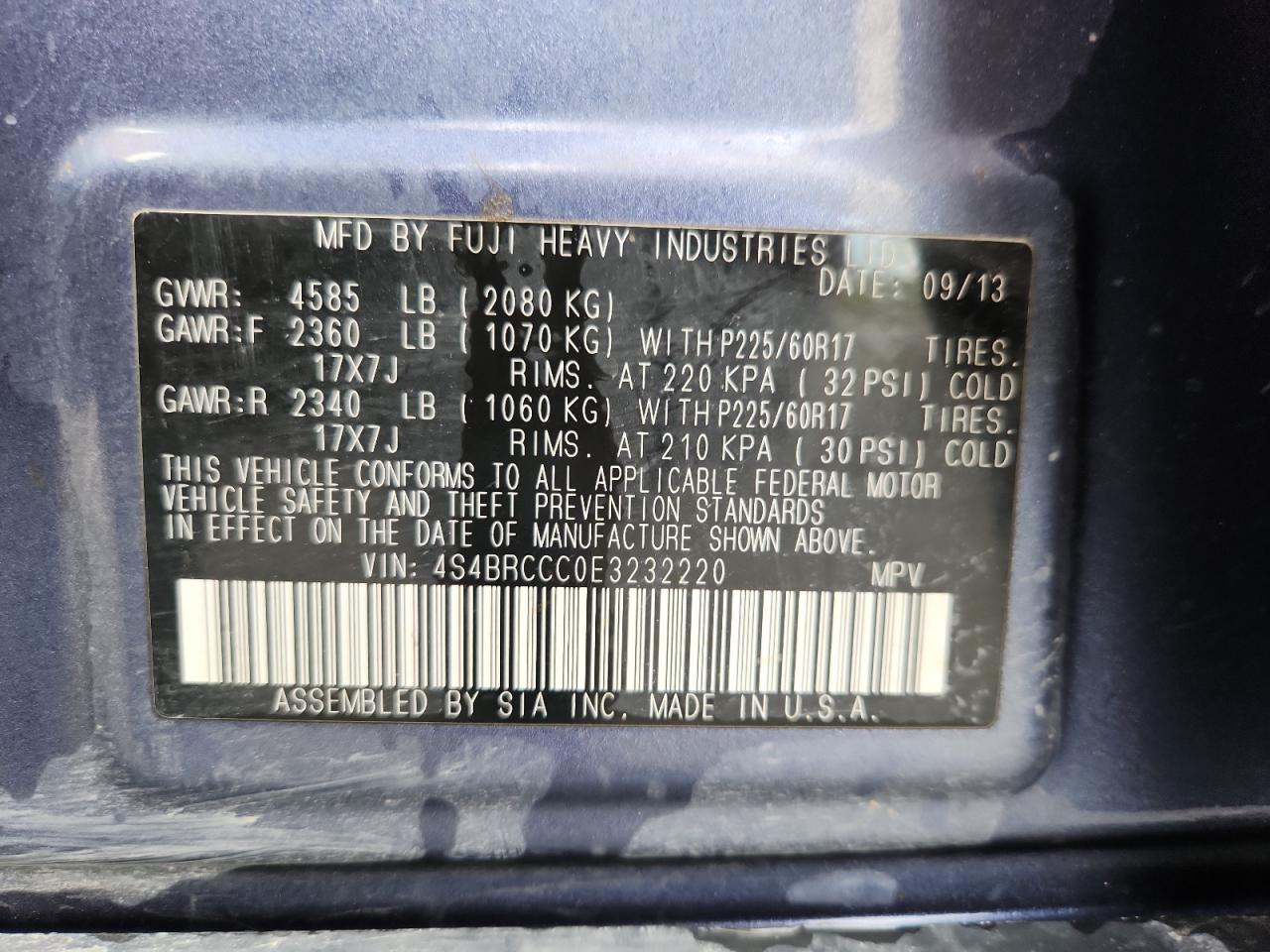 2014 Subaru Outback 2.5I Premium VIN: 4S4BRCCC0E3232220 Lot: 80126775