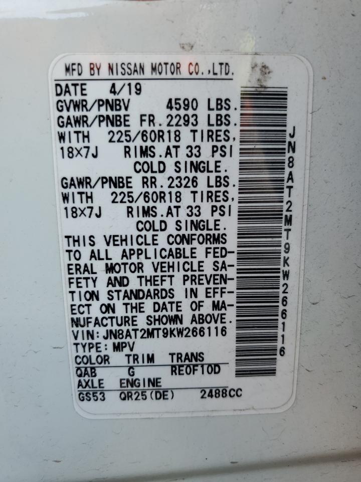 2019 Nissan Rogue S VIN: JN8AT2MT9KW266116 Lot: 80929375