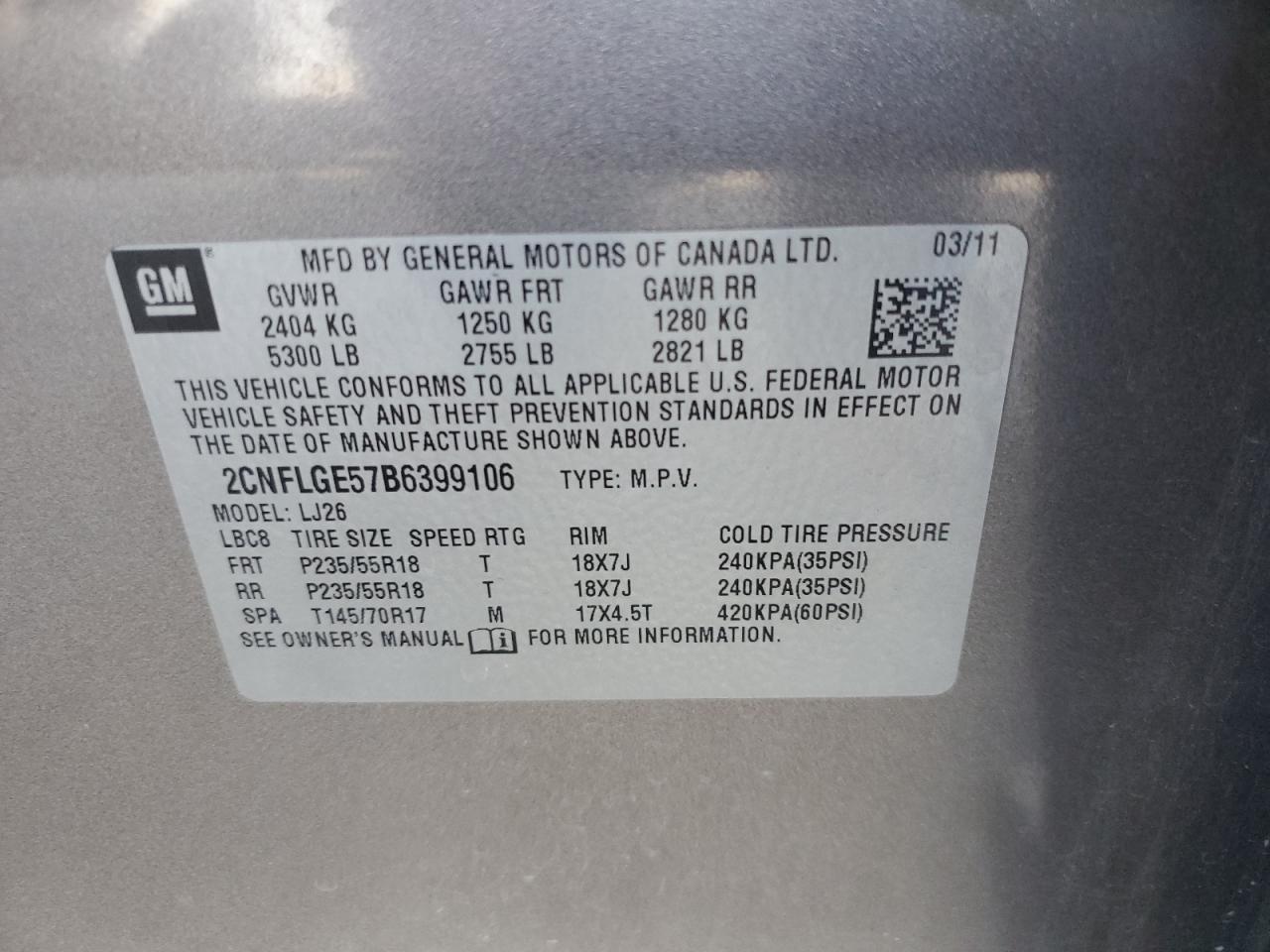 2011 Chevrolet Equinox Ltz VIN: 2CNFLGE57B6399106 Lot: 84002005