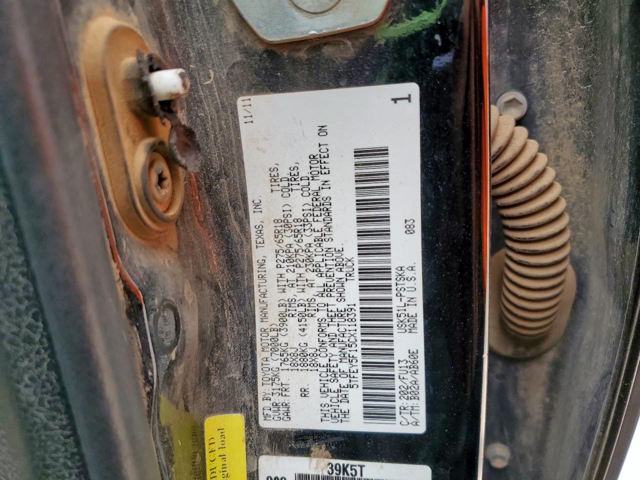 2012 Toyota Tundra Crewmax Sr5 VIN: 5TFEY5F15CX118391 Lot: 71825405