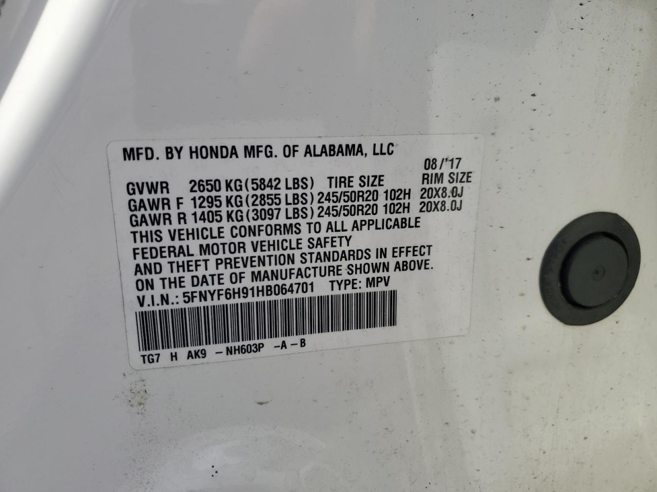 2017 Honda Pilot Touring VIN: 5FNYF6H91HB064701 Lot: 81267865