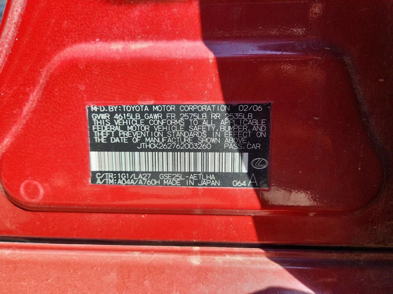 2006 Lexus Is 250 VIN: JTHCK262762003260 Lot: 80400245