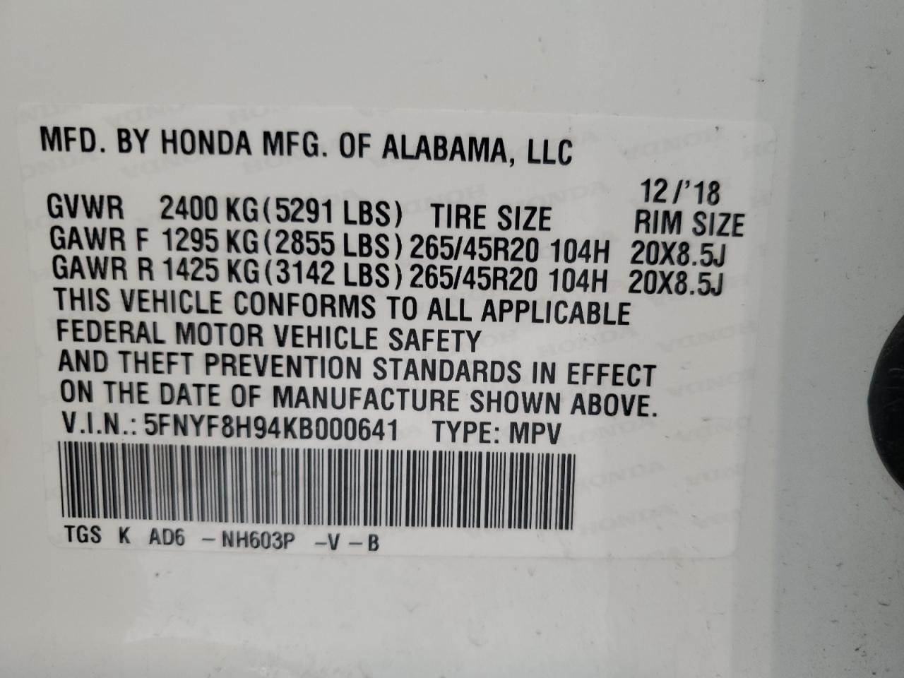 2019 Honda Passport Touring VIN: 5FNYF8H94KB000641 Lot: 81746925