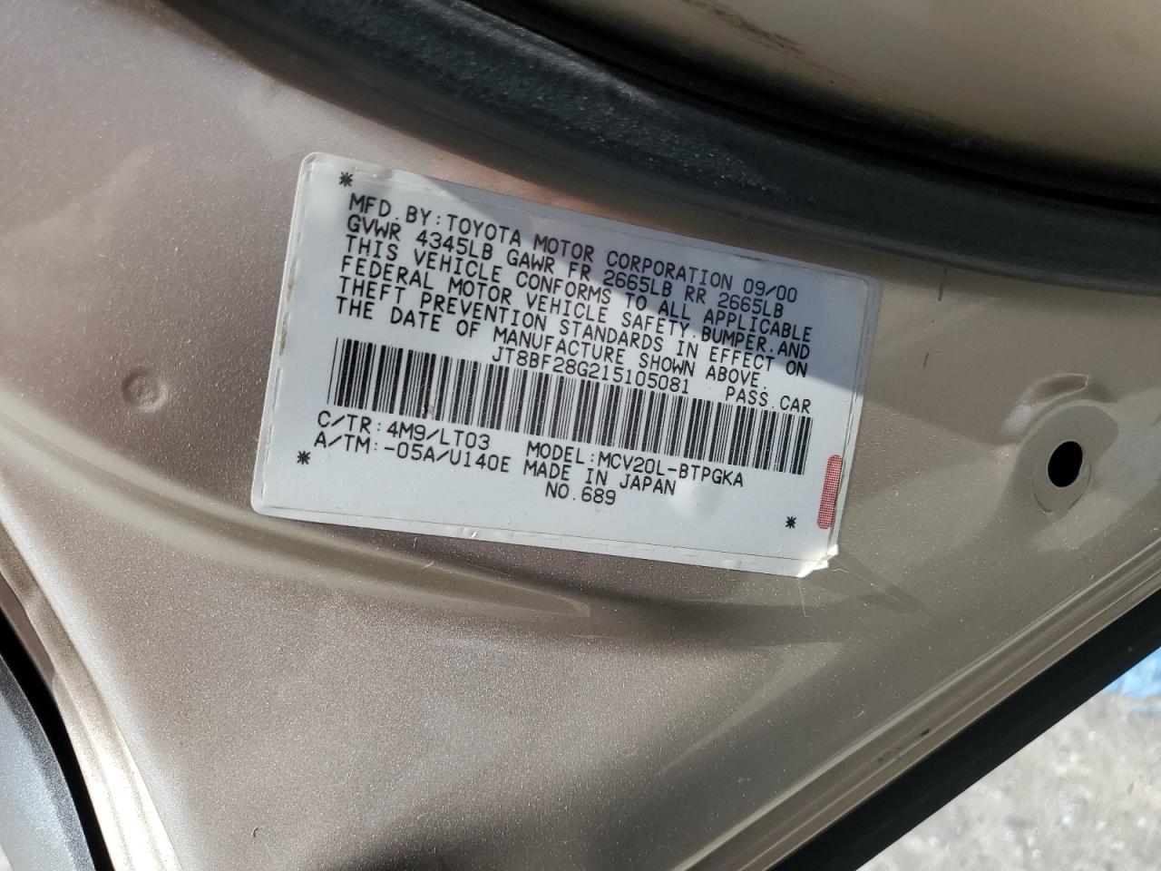 2001 Lexus Es 300 VIN: JT8BF28G215105081 Lot: 80746795