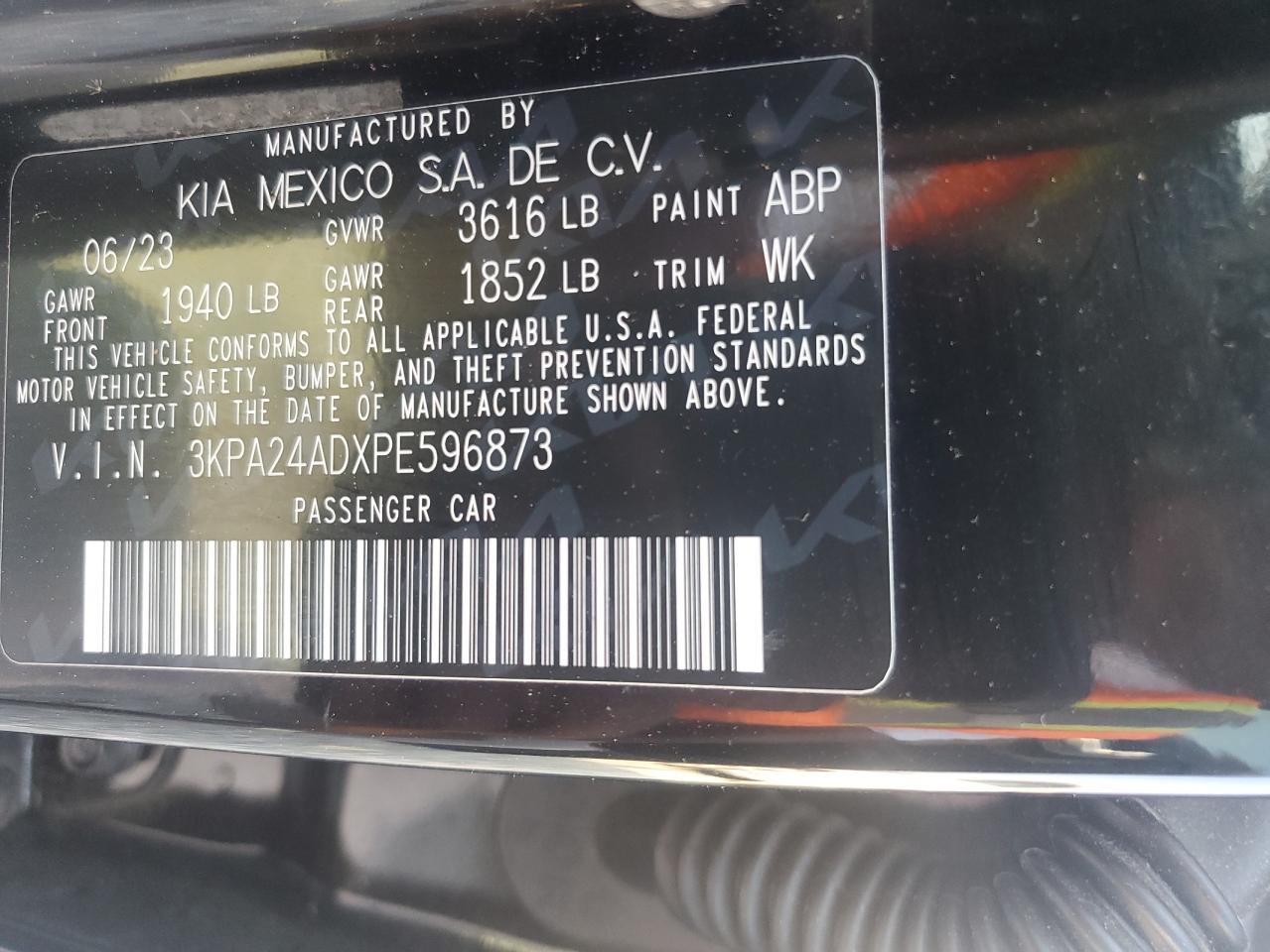 2023 Kia Rio Lx VIN: 3KPA24ADXPE596873 Lot: 81300435