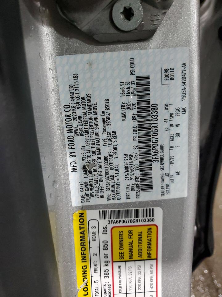 2016 Ford Fusion S VIN: 3FA6P0G70GR103380 Lot: 80454615