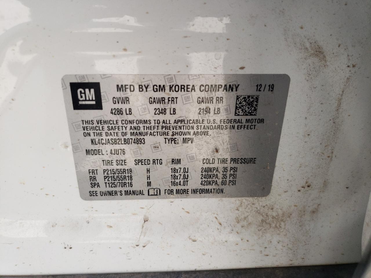 2020 Buick Encore Preferred VIN: KL4CJASB2LB074893 Lot: 69569525