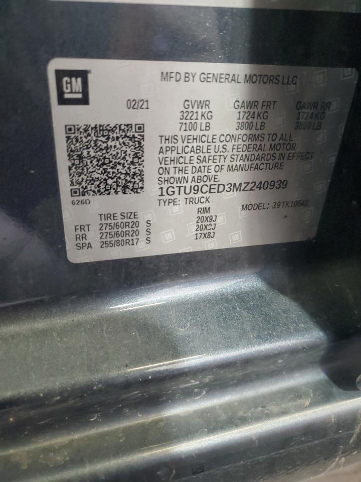 2021 GMC Sierra K1500 Elevation VIN: 1GTU9CED3MZ240939 Lot: 81111985
