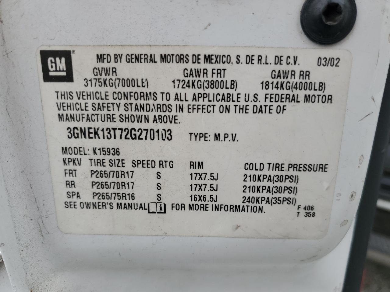 2002 Chevrolet Avalanche K1500 VIN: 3GNEK13T72G270103 Lot: 67645765