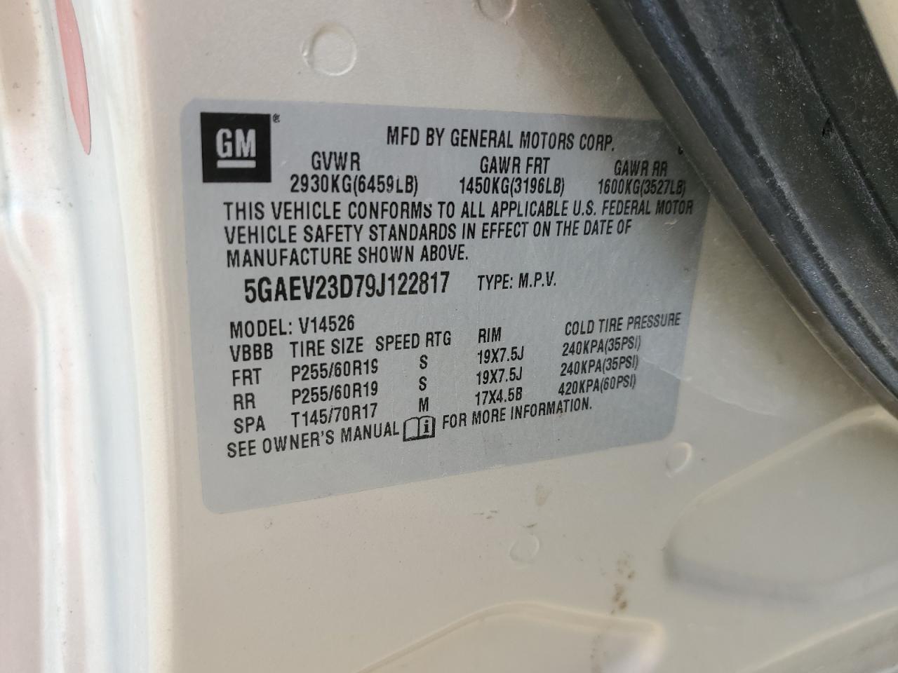 2009 Buick Enclave Cxl VIN: 5GAEV23D79J122817 Lot: 72029035