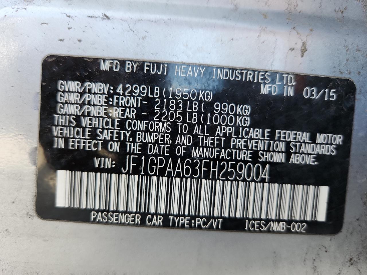 2015 Subaru Impreza VIN: JF1GPAA63FH259004 Lot: 81717245