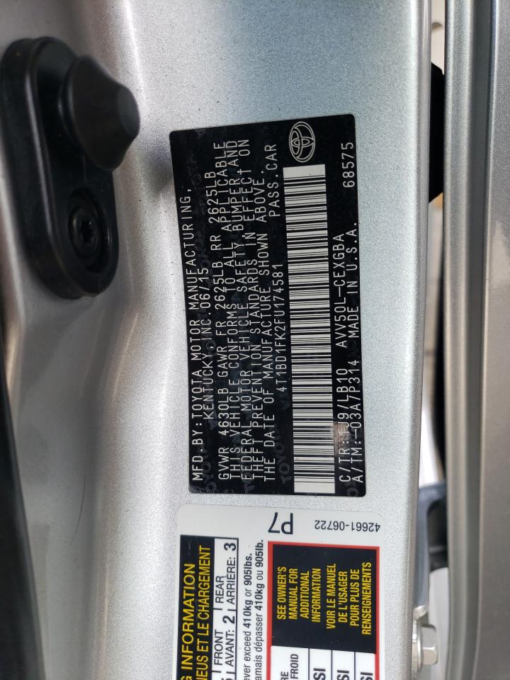 2015 Toyota Camry Hybrid VIN: 4T1BD1FK2FU174581 Lot: 80300235