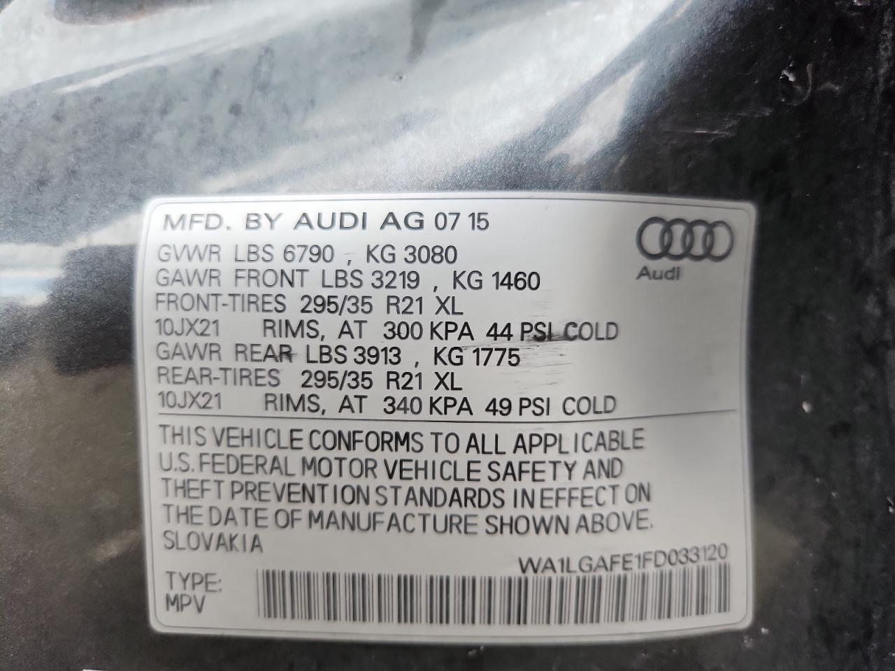 2015 Audi Q7 Premium Plus VIN: WA1LGAFE1FD033120 Lot: 80837005