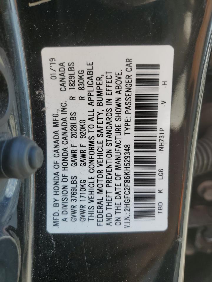 2019 Honda Civic Sport VIN: 2HGFC2F86KH529348 Lot: 80743875