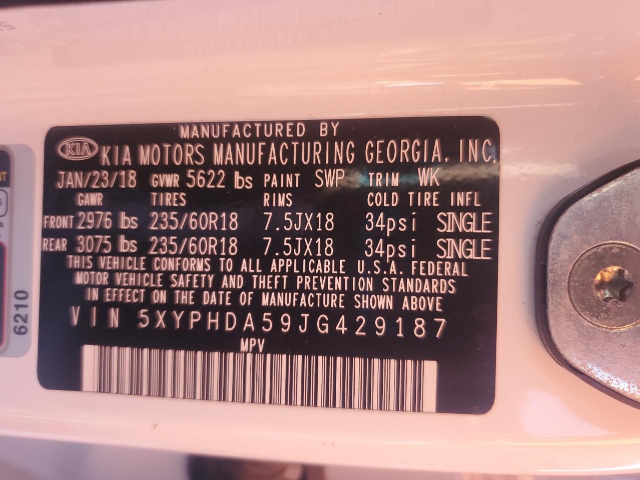 2018 Kia Sorento Ex VIN: 5XYPHDA59JG429187 Lot: 80498565