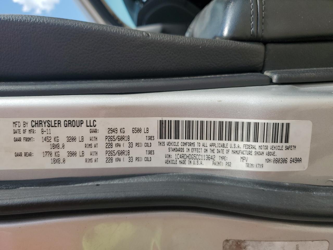 2012 Dodge Durango Crew VIN: 1C4RDHDG5CC113642 Lot: 83789015