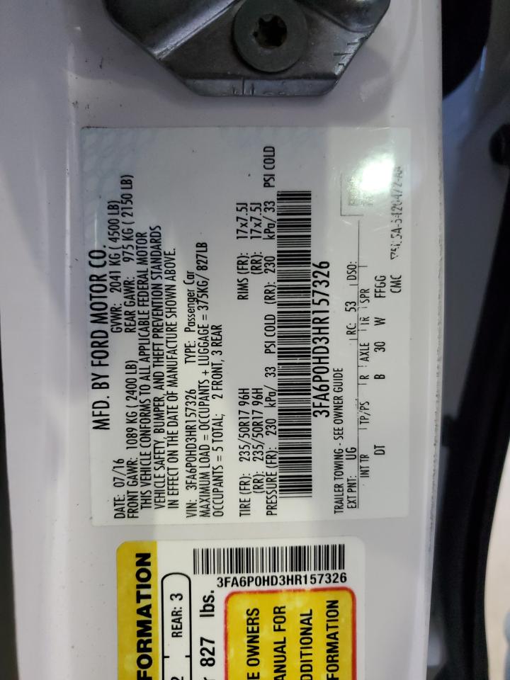 2017 Ford Fusion Se VIN: 3FA6P0HD3HR157326 Lot: 80166205