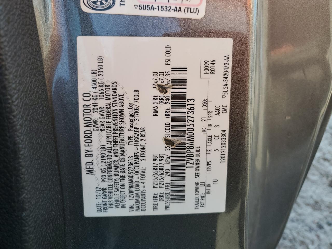 2013 Ford Mustang VIN: 1ZVBP8AM0D5273613 Lot: 71503525