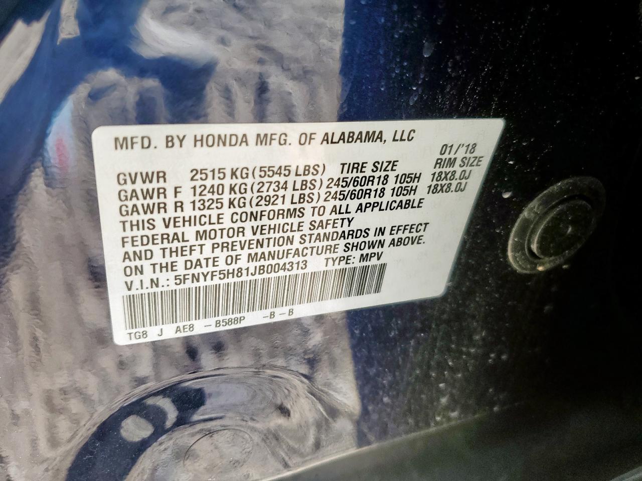 2018 Honda Pilot Exl VIN: 5FNYF5H81JB004313 Lot: 81629975