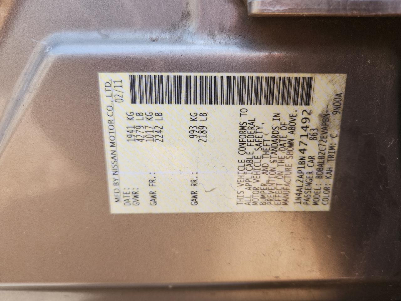 2011 Nissan Altima Base VIN: 1N4AL2AP1BN471492 Lot: 80399895