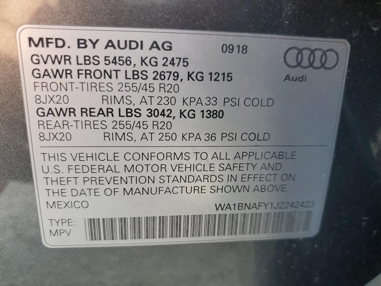 2018 Audi Q5 Premium Plus VIN: WA1BNAFY1J2242423 Lot: 82168205