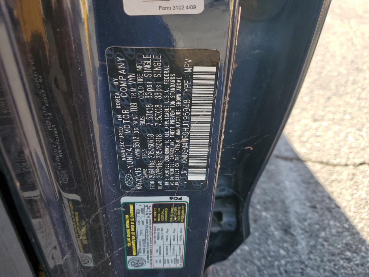 2017 Hyundai Santa Fe Se VIN: KM8SM4HF9HU195948 Lot: 83856405