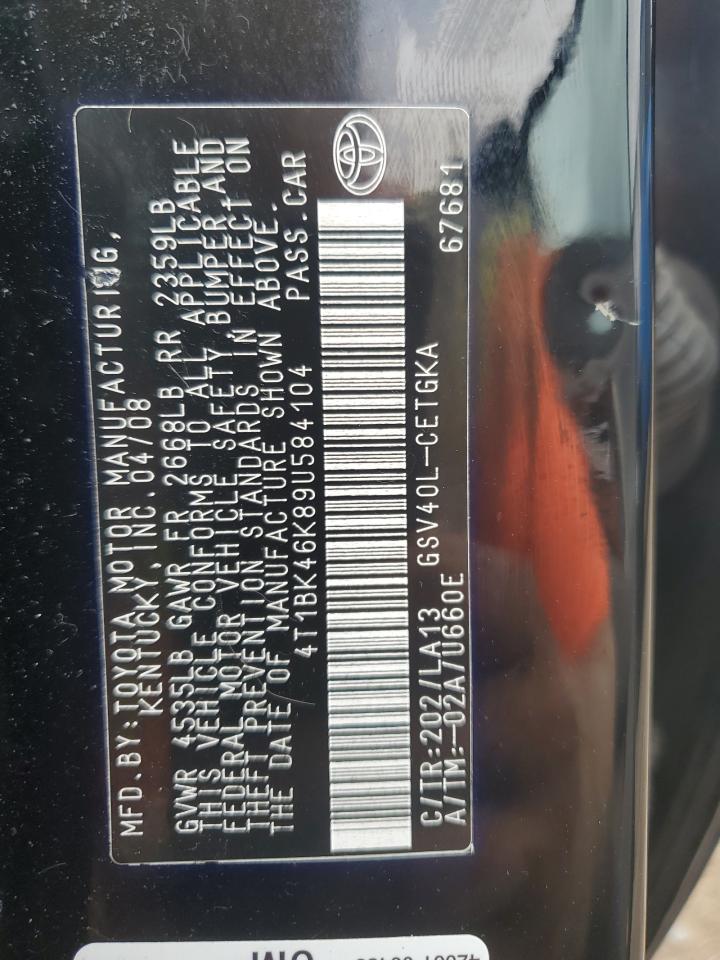 2009 Toyota Camry Se VIN: 4T1BK46K89U584104 Lot: 81220715