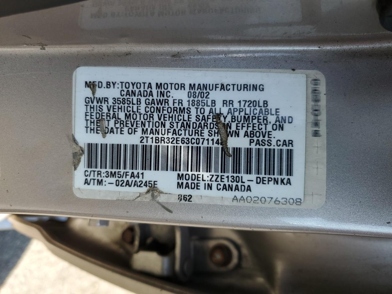 2003 Toyota Corolla Ce VIN: 2T1BR32E63C071142 Lot: 81503085